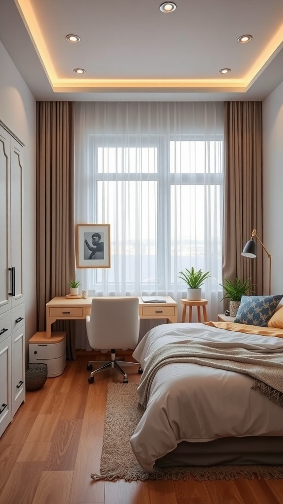 A simple and elegant Japandi-style bedroom with a desk and plants.