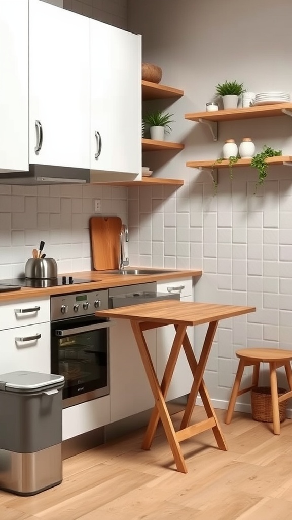 A modern kitchen featuring a fold-down wooden table, cabinets, and open shelves