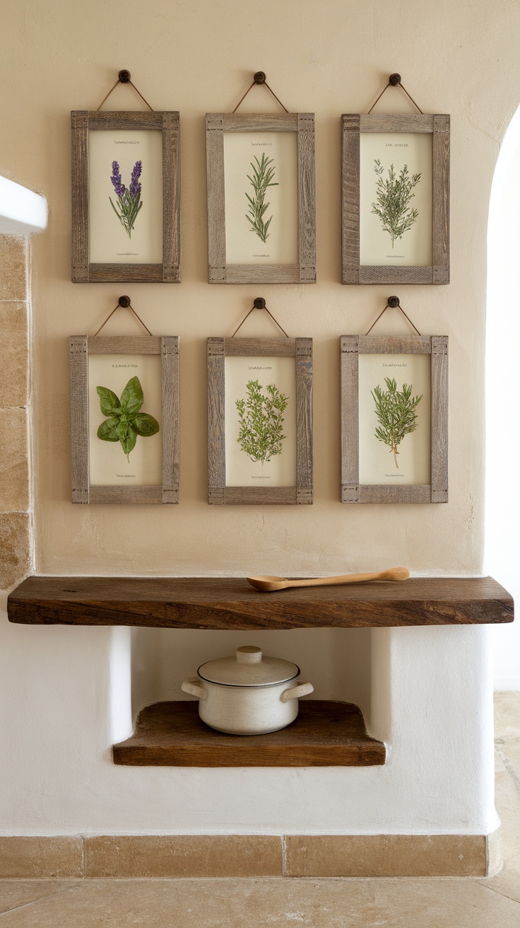Framed prints of various herbs displayed on a kitchen wall.