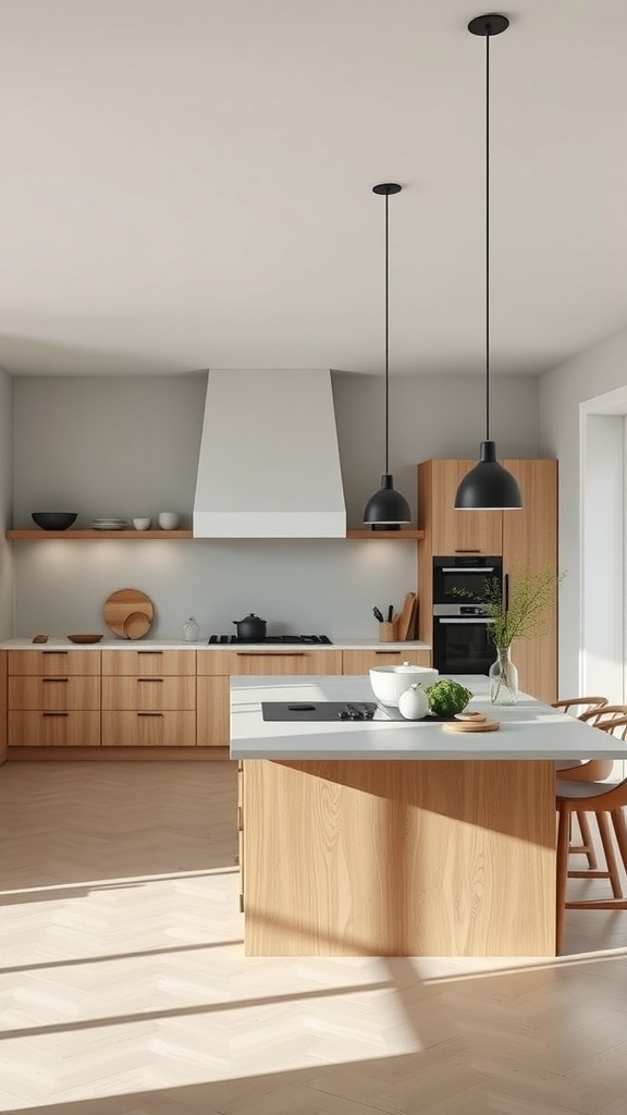 A Scandinavian kitchen featuring a functional island, with a modern design, wooden cabinets, and stylish lighting.