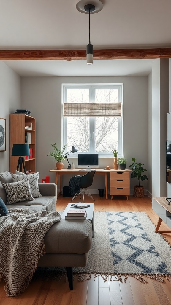Cozy Scandinavian living room with a workspace and comfortable sofa