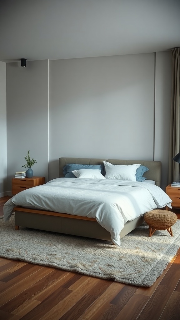 A minimalist Japandi bedroom featuring a low-profile bed, wooden nightstands, and a warm area rug.