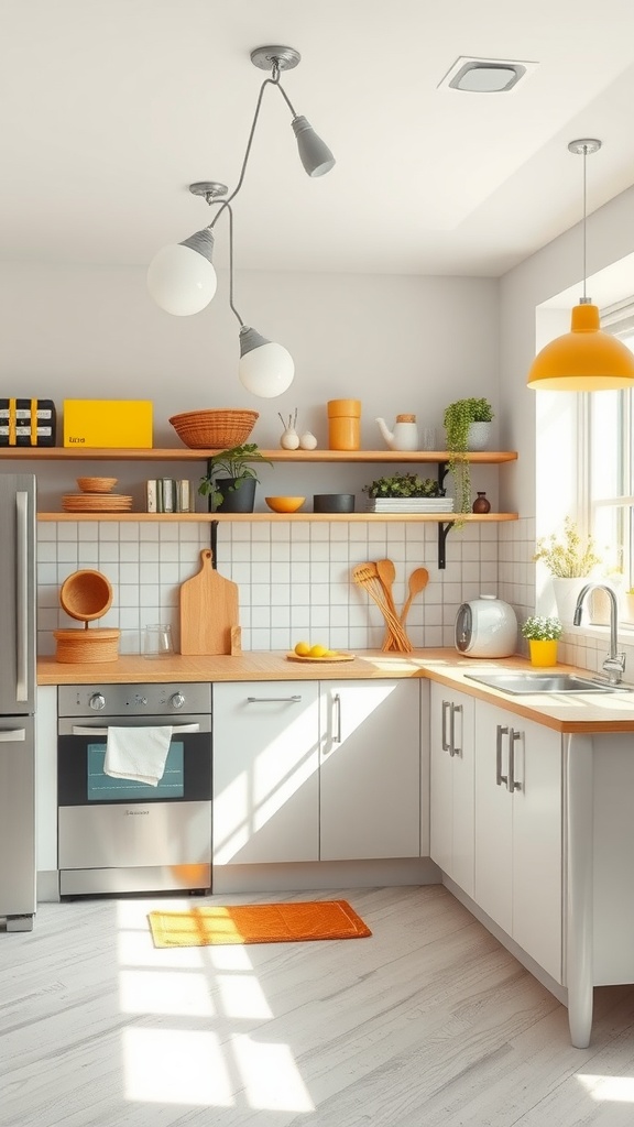 A bright and cheerful yellow boho kitchen with gray walls, modern appliances, and organized shelves.