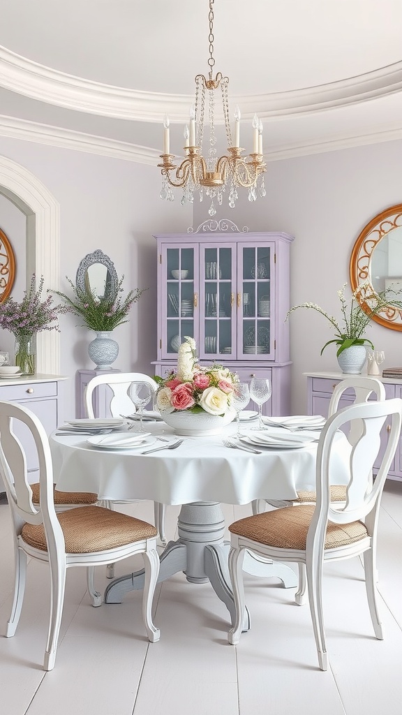 A stylish dining room featuring gentle lavender walls, a round white table, and elegant white chairs, accented with a floral centerpiece.