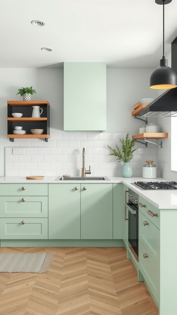 A modern kitchen featuring gentle mint cabinets and light black accents, with a natural wood floor.