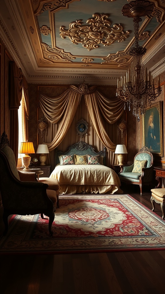 A luxurious traditional bedroom with ornate ceiling, elegant furniture, and rich decor