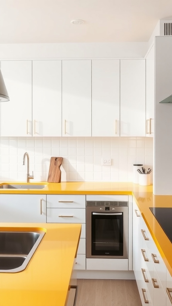A modern kitchen with yellow countertops, white cabinets, and golden hardware.