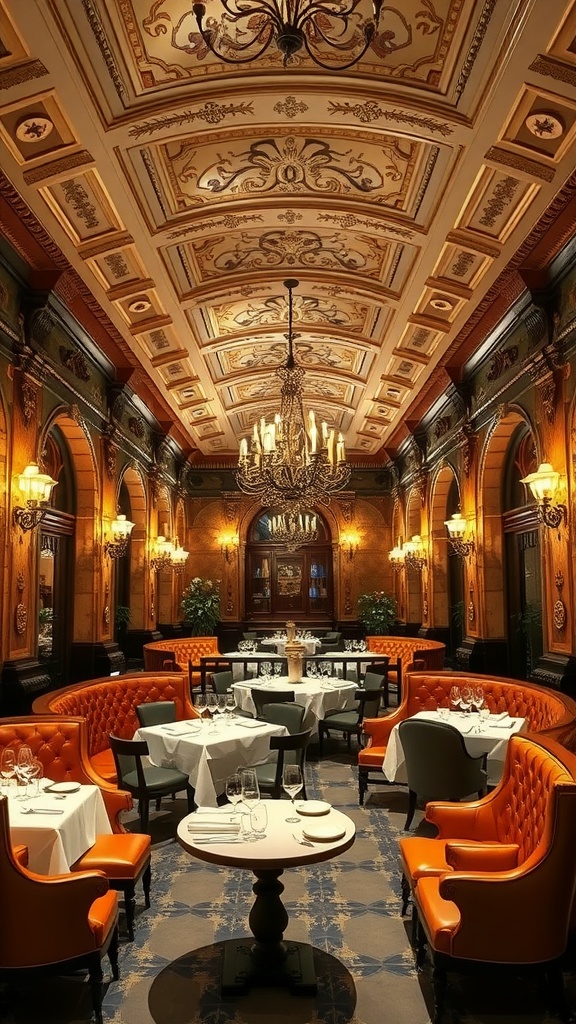 A grand Italian dining room featuring ornate ceiling, elegant seating, and soft lighting.