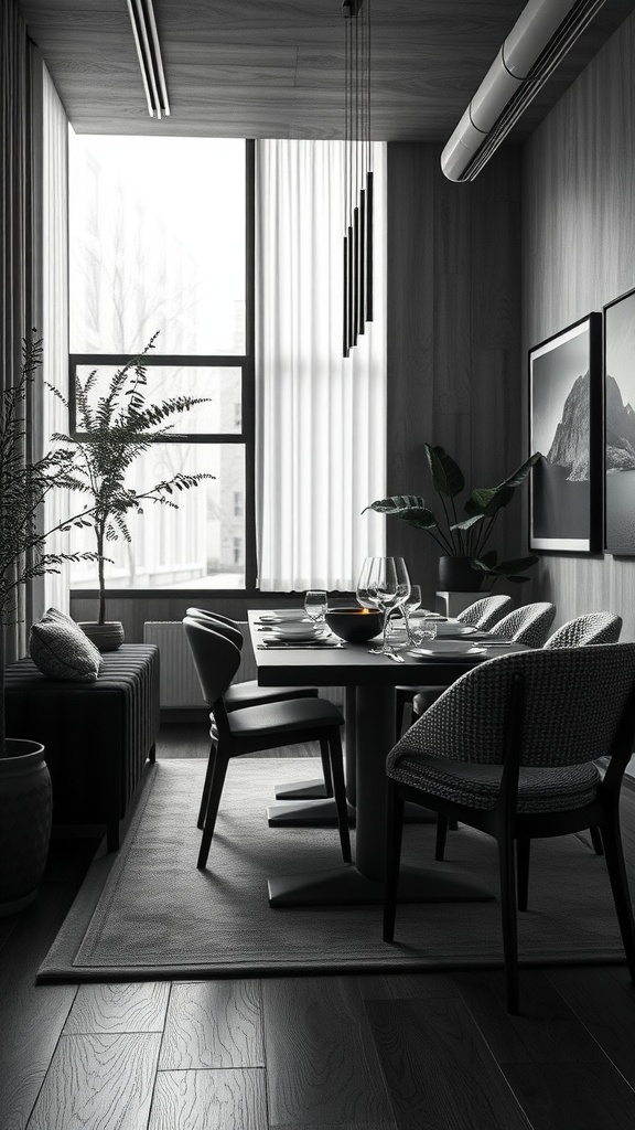 A modern dining room featuring a greyscale palette with natural textures, showcasing a table set for dining, woven chairs, and plants.