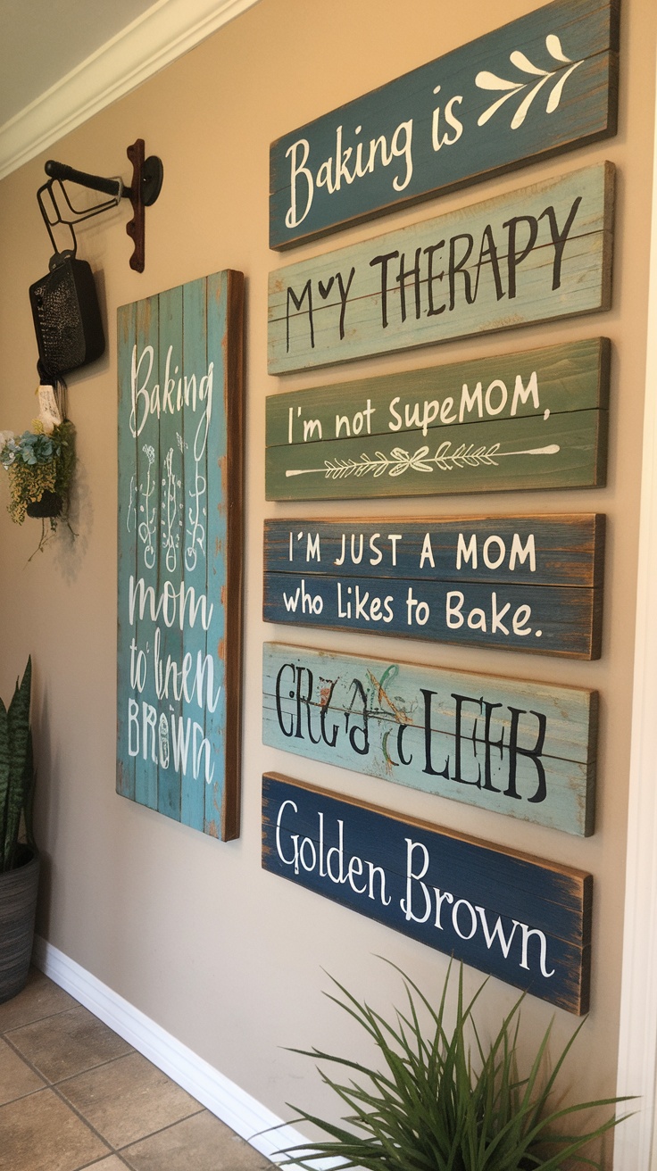 A collection of hand-painted wooden signs with various quotes and designs hung on a kitchen wall.