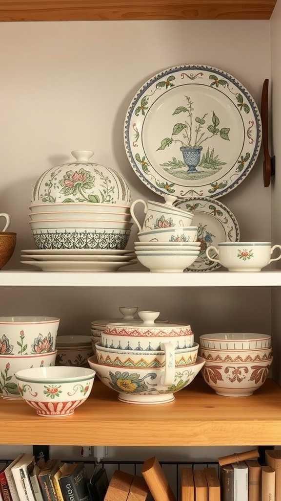 A display of beautifully handcrafted ceramic dishware on wooden shelves, featuring various colorful patterns and shapes.