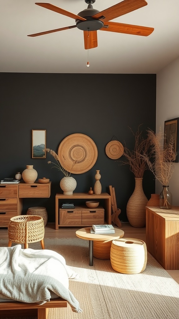 Cozy Japandi bedroom featuring handcrafted wooden furniture and decor.