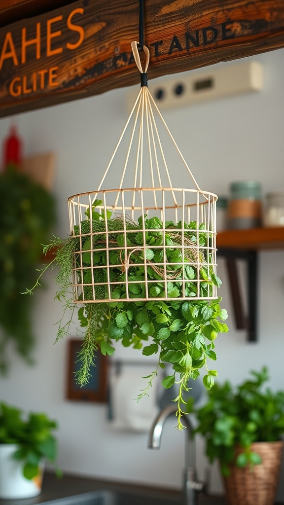 A hanging basket filled with fresh herbs, suspended from a wooden beam in a kitchen.