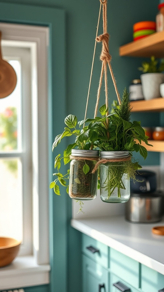 A hanging herb garden with jars filled with fresh herbs, suspended by twine in a bright kitchen.