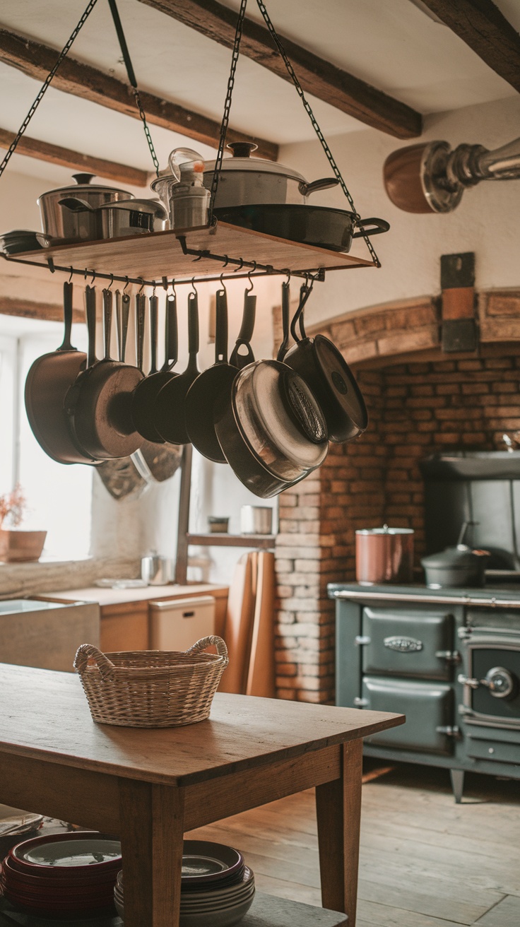 A wooden hanging pot rack displaying assorted pots and pans in a cozy kitchen setting