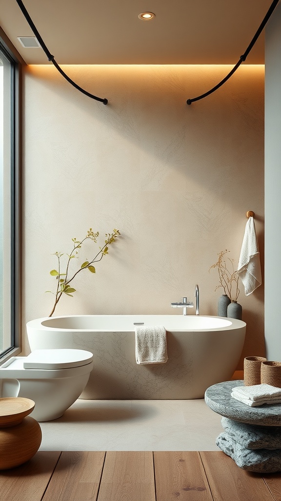 A serene Japandi bathroom featuring a beige color palette, wooden flooring, and natural elements.