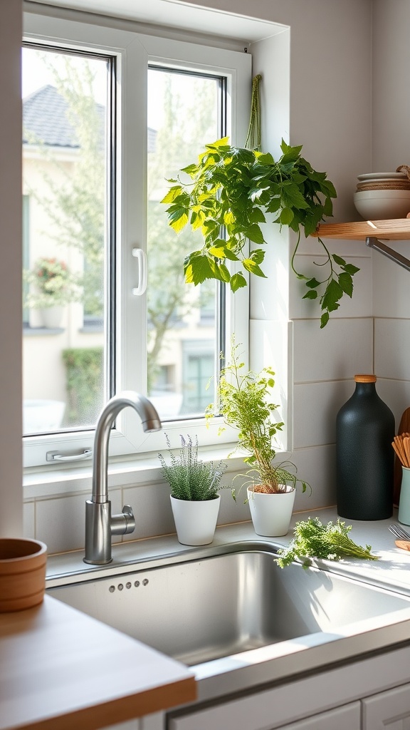 A Scandinavian kitchen with potted herbs on the windowsill and a modern sink.