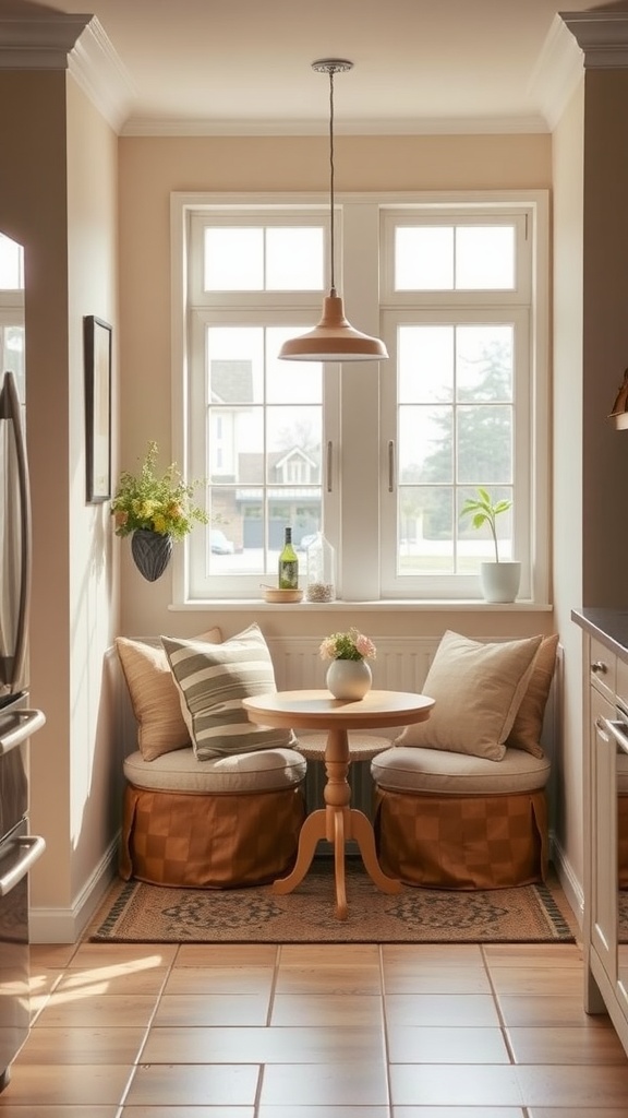 Cozy kitchen nook with two cushioned seats and a small round table, surrounded by bright windows and greenery.