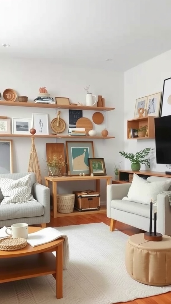 A cozy Scandinavian living room featuring handmade elements like pottery, woven baskets, and natural wood furniture.