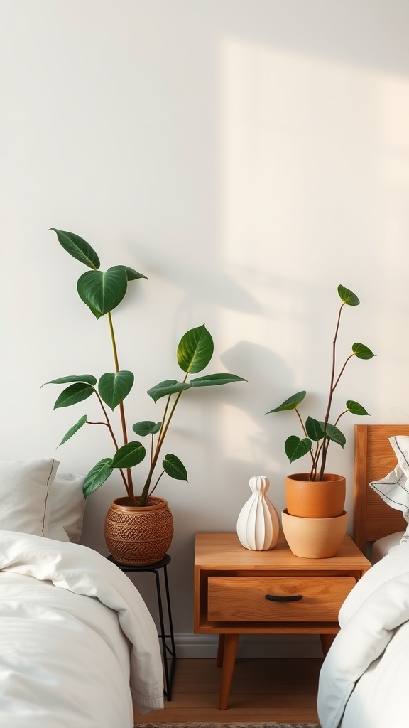 A cozy bedroom featuring two indoor plants beside a wooden nightstand, incorporating Japandi design elements.