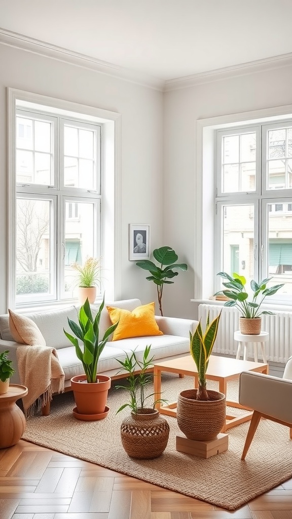 A cozy Scandinavian living room filled with various indoor plants, showcasing a bright and airy atmosphere with natural elements.