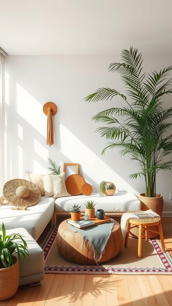 A boho living room featuring natural materials, plants, and cozy textures.