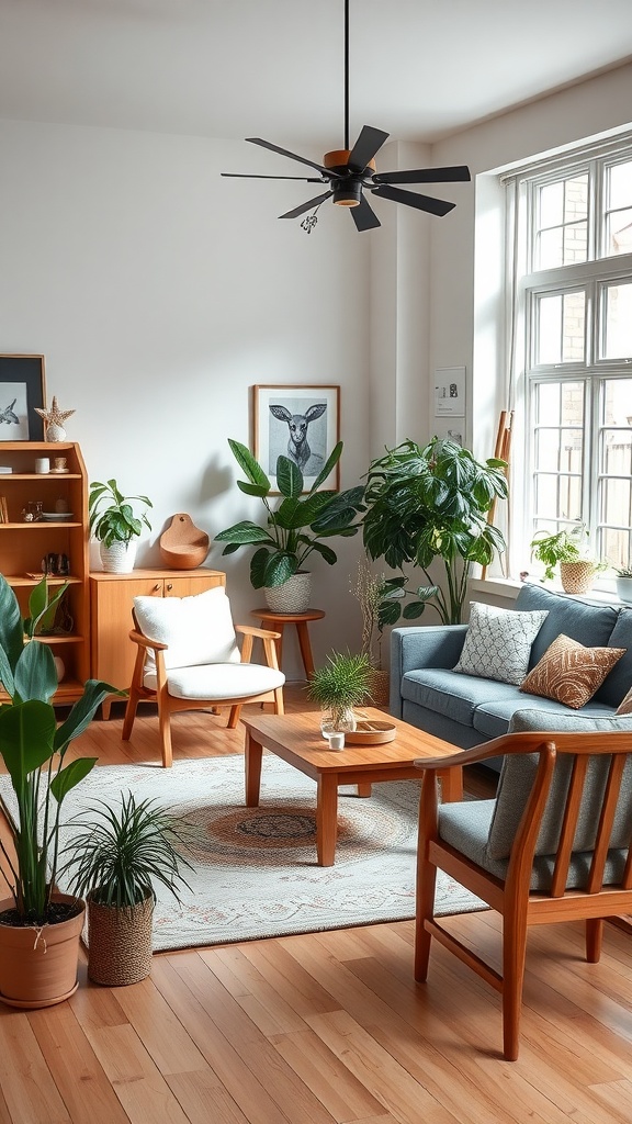 A cozy Scandinavian living room featuring natural wood elements, plants, and soft furnishings.