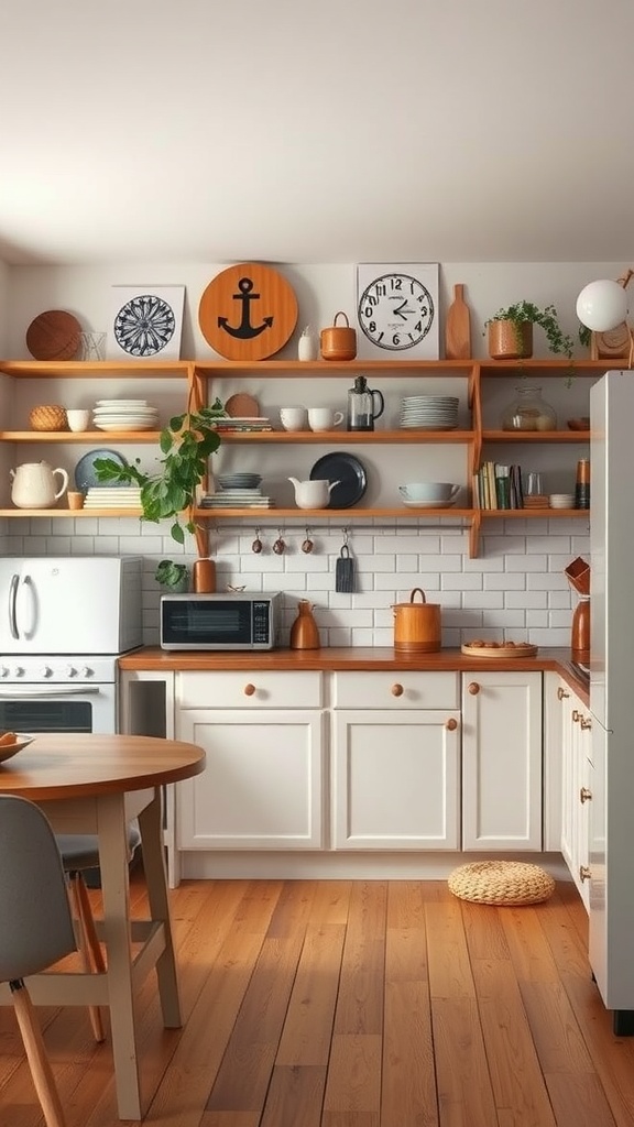 Scandinavian kitchen with vintage elements, featuring wooden shelves, decorative dishware, and warm wood tones.