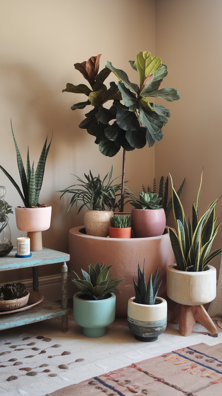 A boho living room filled with various indoor plants in decorative pots, showcasing a lush and vibrant atmosphere.