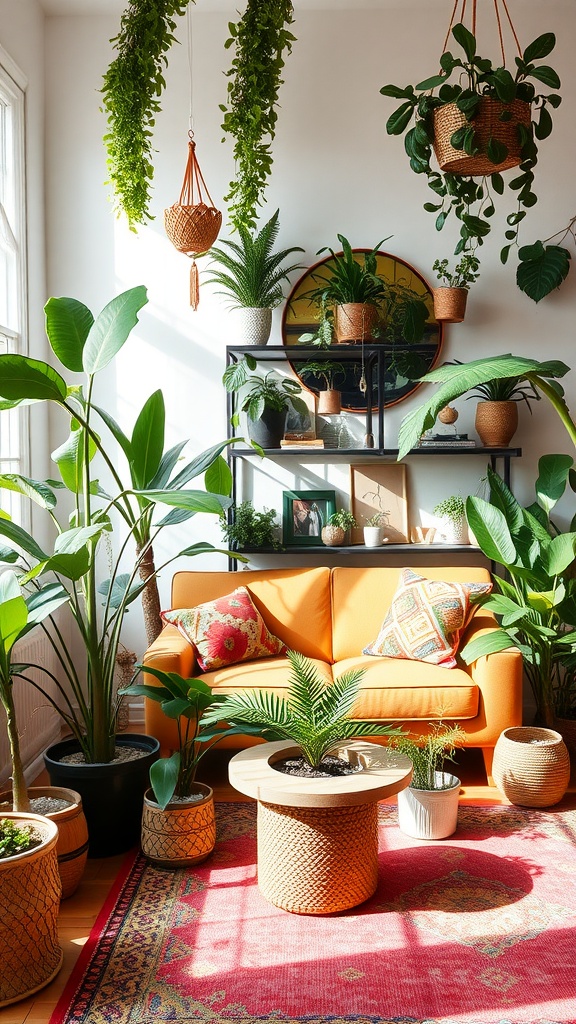 Cozy boho living room with various indoor plants, an orange couch, and colorful decor.