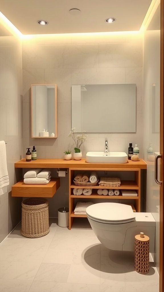A serene Japandi bathroom featuring a wooden vanity, open shelves with neatly organized towels, and soft warm lighting.
