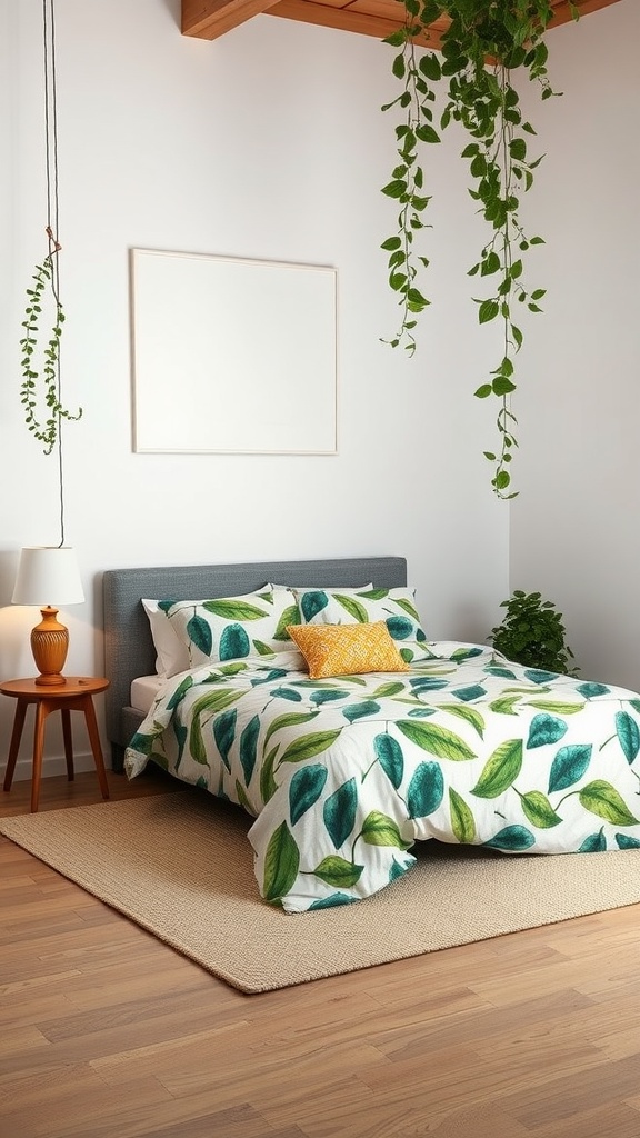 Cozy bedroom with leafy printed bedding and hanging plants.