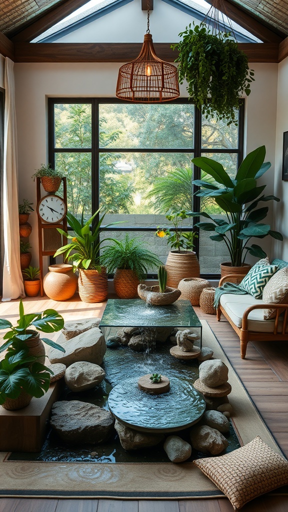 A boho living room with plants, a water feature, and natural materials.