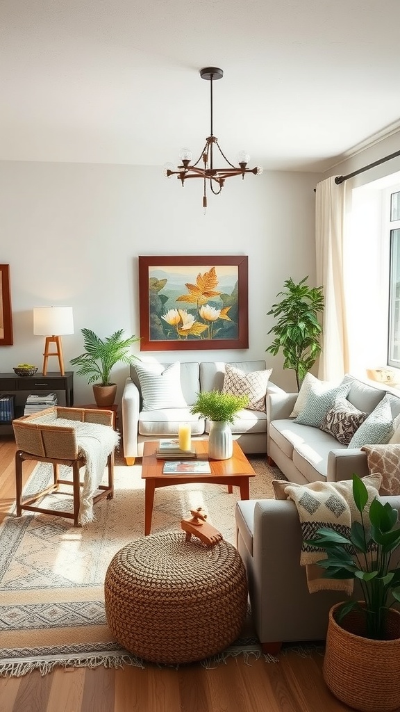 Cozy boho living room with soft furnishings and plants.
