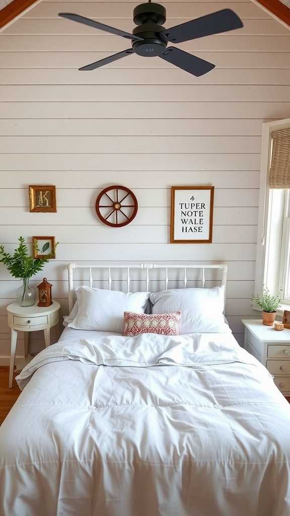 A cozy bedroom featuring white shiplap walls, a comfortable bed with white bedding, vintage decor, and plants for a natural touch.