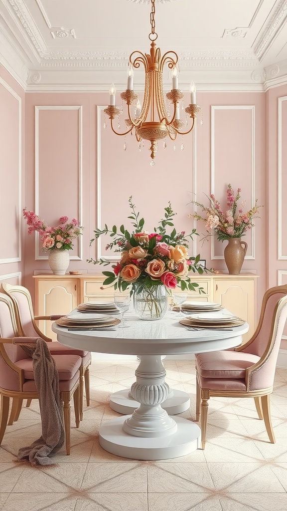 Elegant dining room featuring ivory and dusty rose color palette with floral centerpiece
