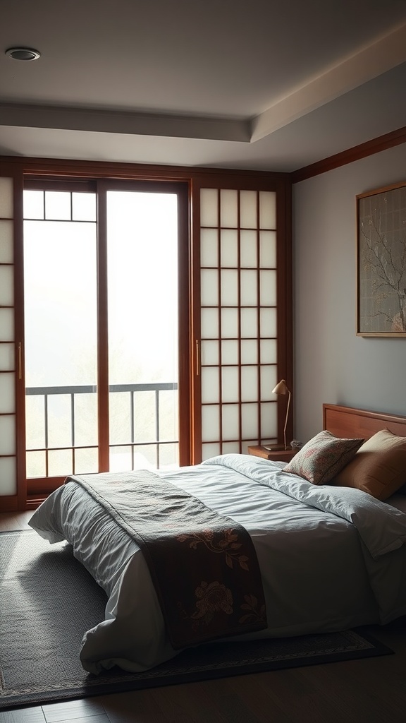 A cozy bedroom featuring Japanese shoji screens that provide privacy and enhance natural light.