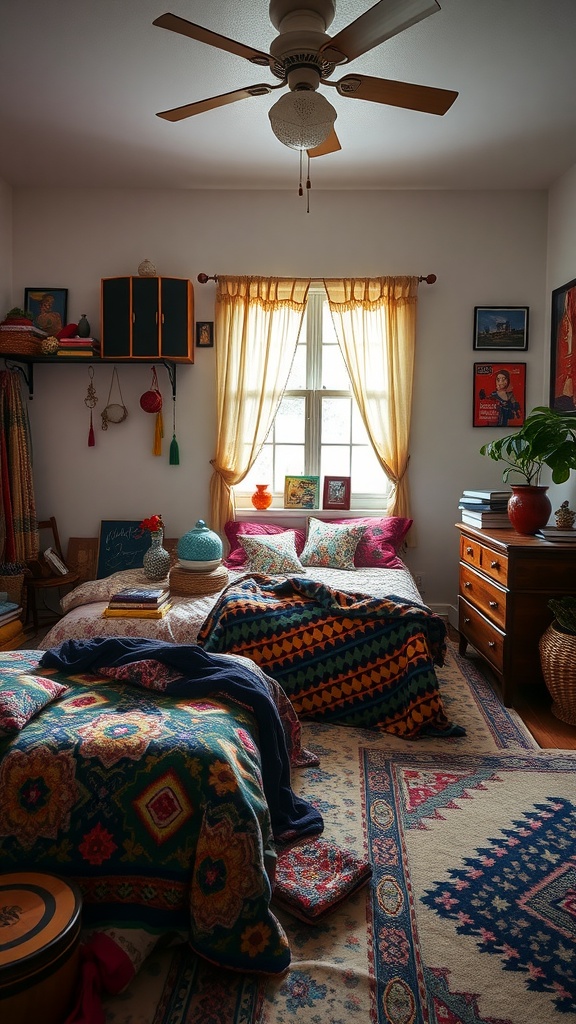 A cozy bohemian bedroom featuring colorful patterned blankets, rugs, and decorative elements.