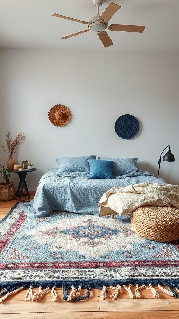 A cozy boho bedroom featuring layered blue rugs, a comfortable bed, and decorative elements.