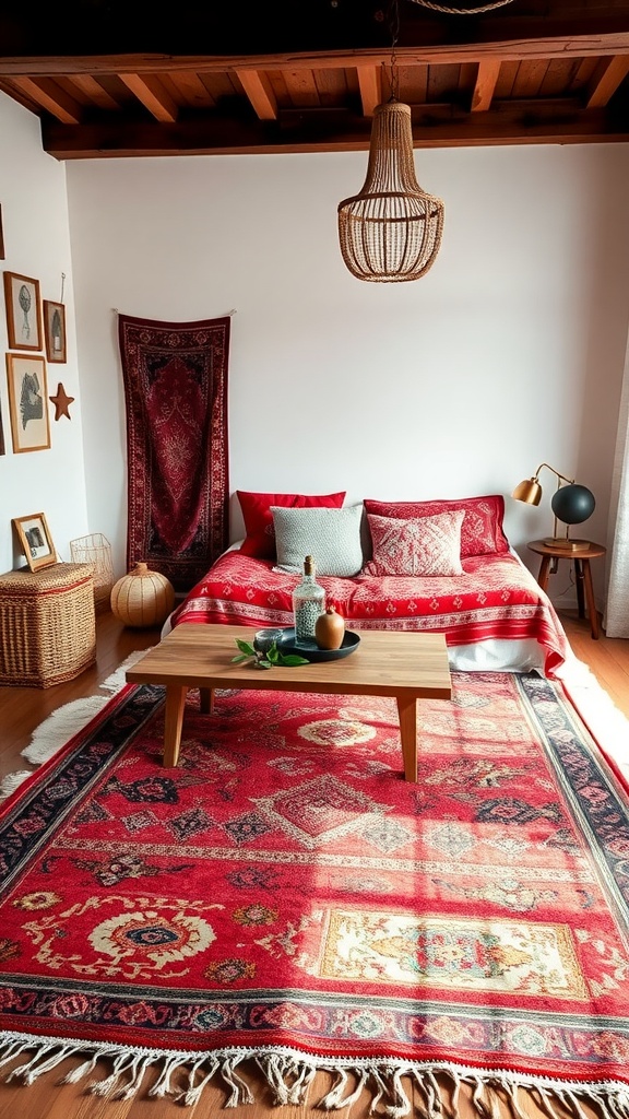 A boho-style bedroom featuring layered red rugs, with a cozy bed, wooden table, and decorative items.