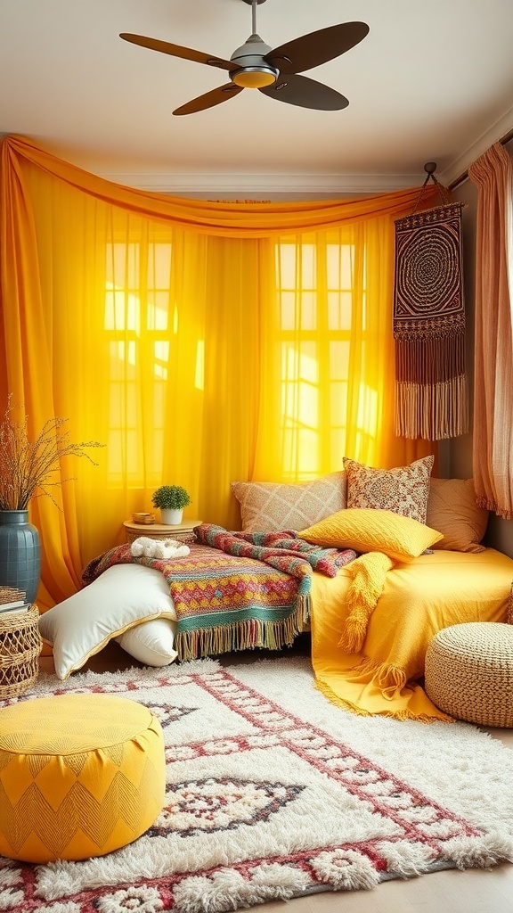 A boho bedroom featuring layered yellow textiles with vibrant cushions and rugs.