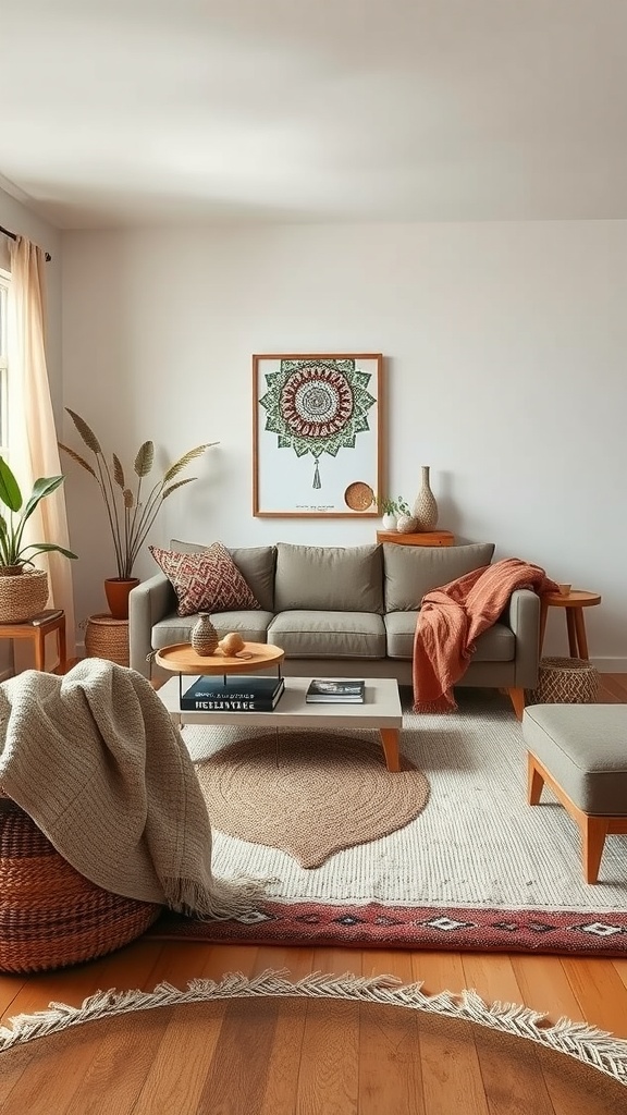 A cozy boho living room with layered textiles, featuring a gray sofa, colorful cushions, and natural fiber rugs.