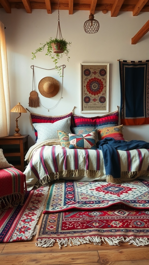 A cozy boho bedroom with layered textiles, including a striped blanket, patterned pillows, and colorful rugs.
