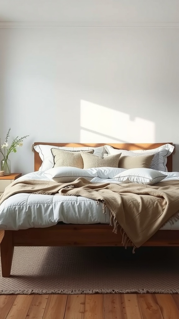 Cozy modern farmhouse bedroom with layered textiles and natural light