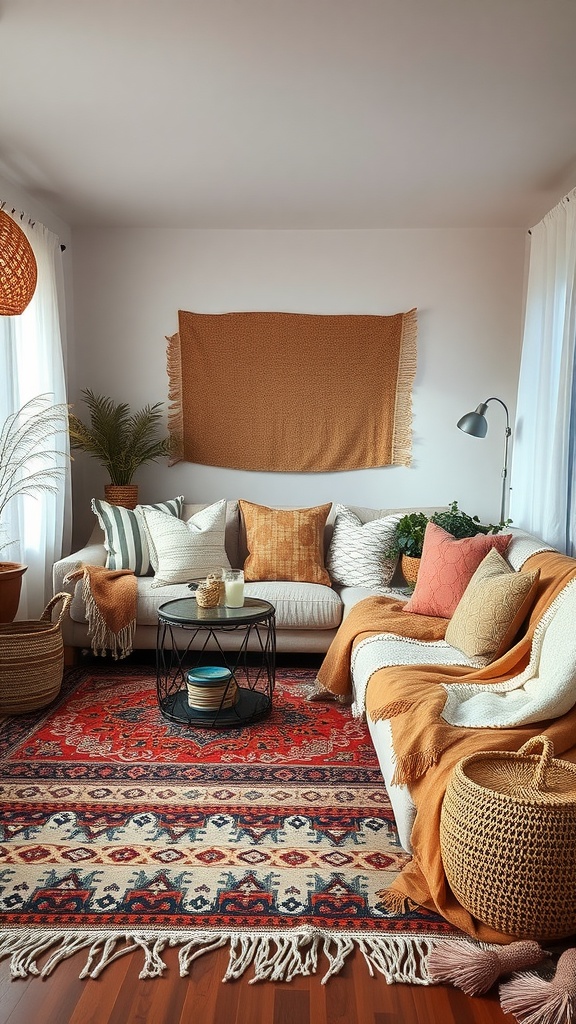 A cozy boho living room featuring layered textiles, warm colors, and comfortable seating.