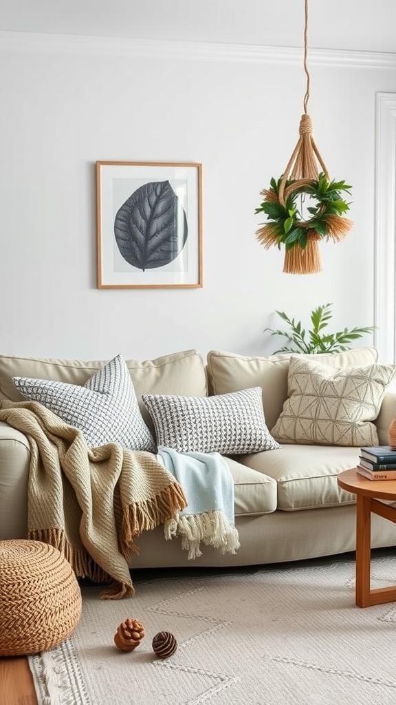 Cozy Scandinavian living room with layered textiles, a neutral couch, patterned pillows, and a hanging plant.