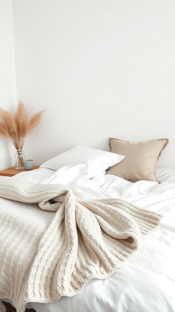 A cozy bedroom featuring layered textures, with a knitted blanket on a bed, soft pillows, and a vase of pampas grass.