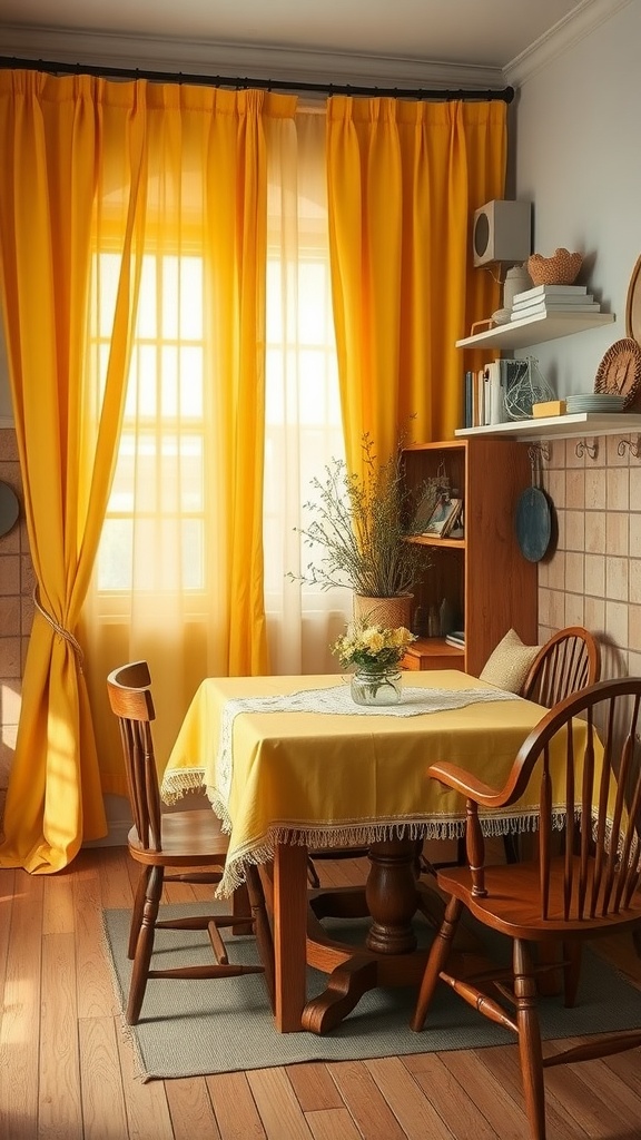A warm kitchen with yellow curtains and a yellow tablecloth, featuring wooden chairs and a bright atmosphere.