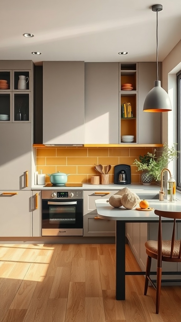 A bright kitchen featuring yellow and gray color scheme with modern appliances.
