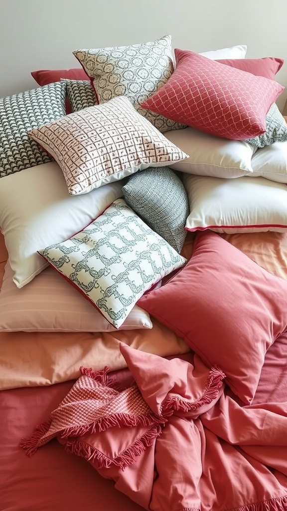 A cozy bed layered with a variety of cushions in warm tones and different textures.